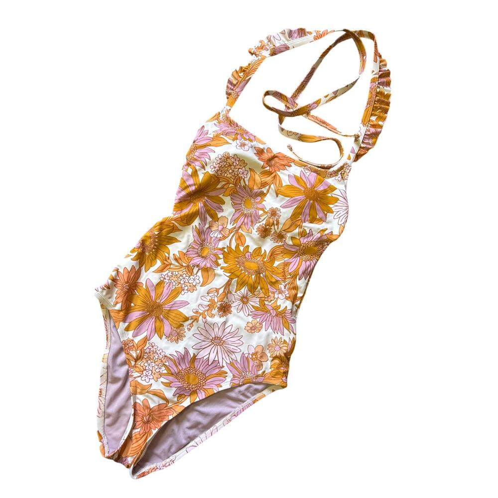 Kona sol one piece orange and purple floral swimsuit womens small